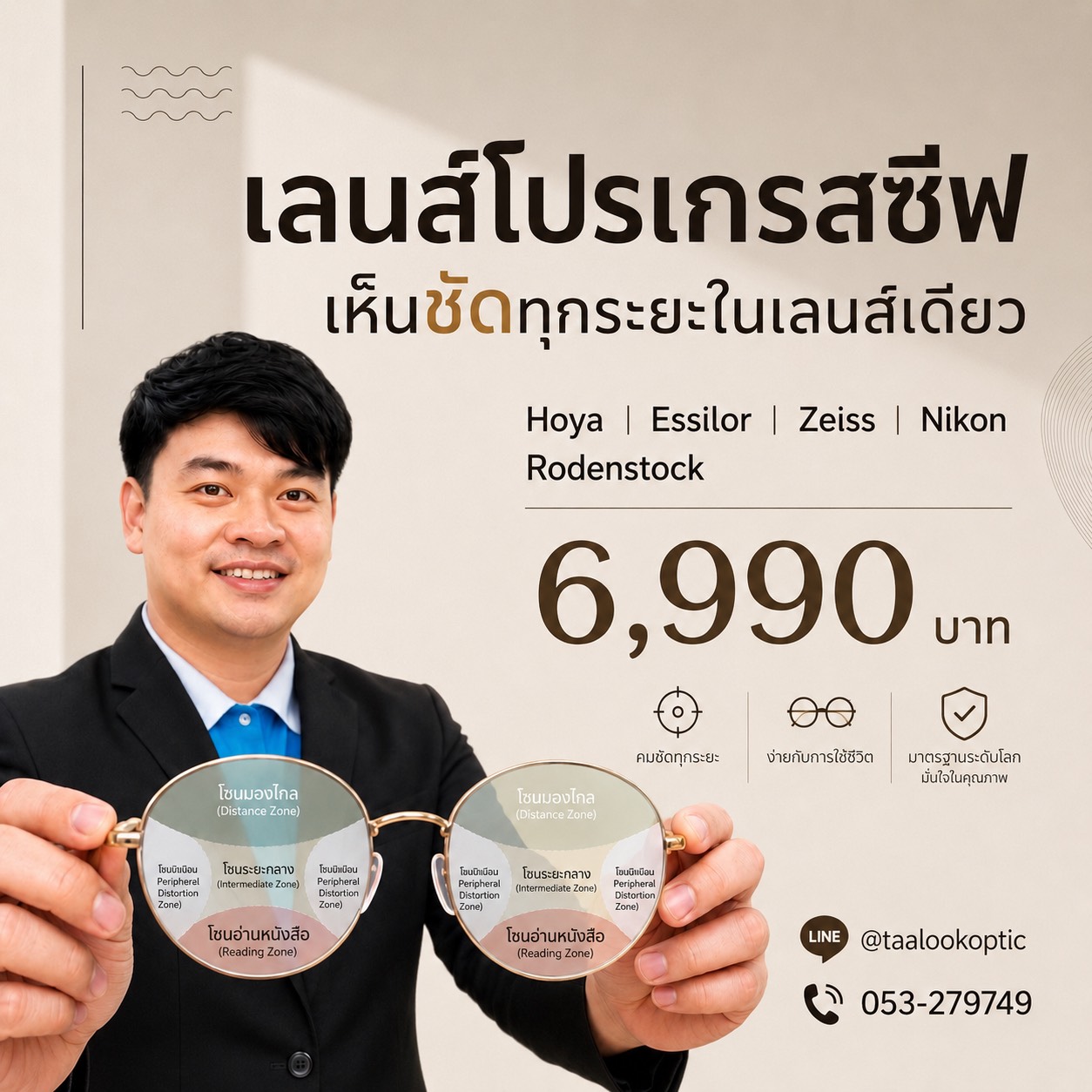 เลนส์โปรเกรสซีฟทุกยี่ห้อ ราคา 6,990 บาท