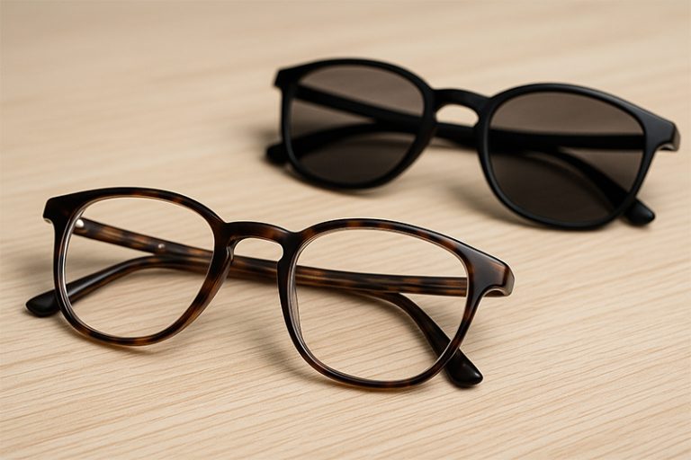 แว่นสายตาเลนส์โปรเกรสซีฟและเลนส์ออโต้บนโต๊ะไม้ สำหรับเปรียบเทียบการเลือกใช้งาน