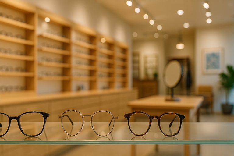 แว่นตาหลากหลายแบบวางอยู่บนตู้กระจกใสในร้านแว่นตาบรรยากาศอบอุ่น