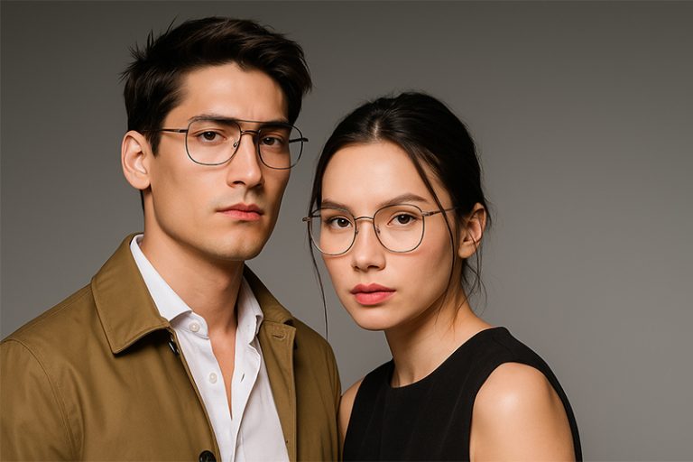 คู่ชายหญิงสวมแว่น Jean Pucci ยืนโพสท่ามินิมอลบนพื้นหลังเรียบ