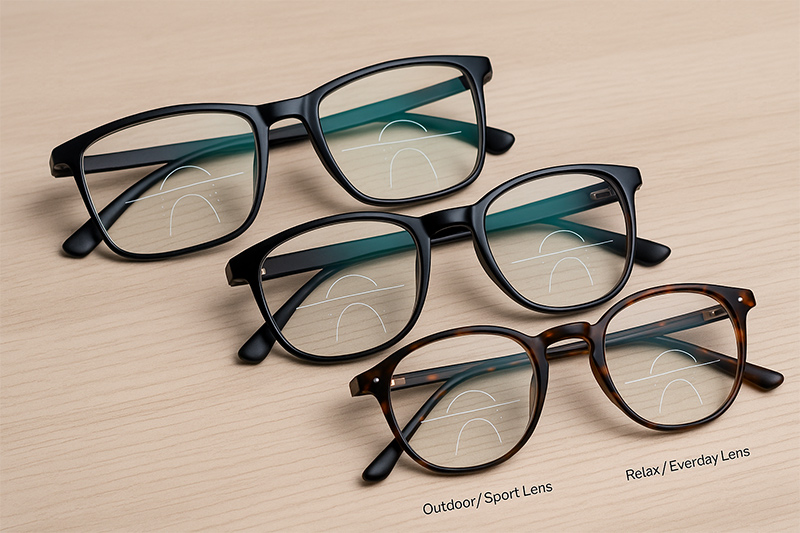 แว่นตาเลนส์โปรเกรสซีฟสามแบบสำหรับทำงาน กีฬา และพักผ่อน