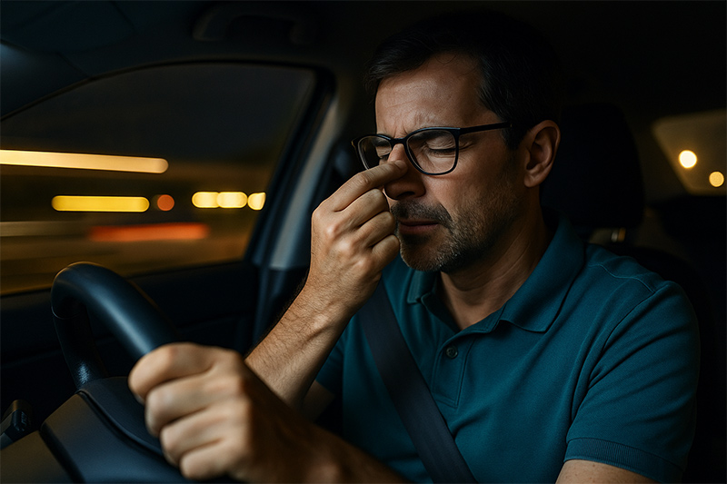 ชายวัยกลางคนใส่แว่นโปรเกรสซีฟขับรถกลางคืน มีอาการเวียนหัวจากแสงไฟบนถนน
