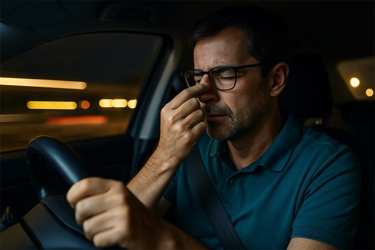 ชายวัยกลางคนใส่แว่นโปรเกรสซีฟขับรถกลางคืน มีอาการเวียนหัวจากแสงไฟบนถนน