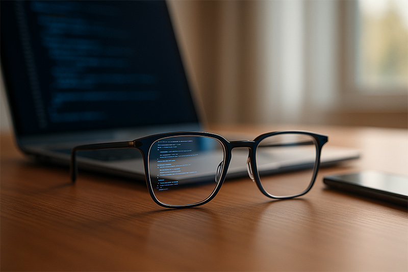 แว่นสายตาวางบนโต๊ะไม้ มองเห็นจอคอมชัดขึ้นผ่านเลนส์