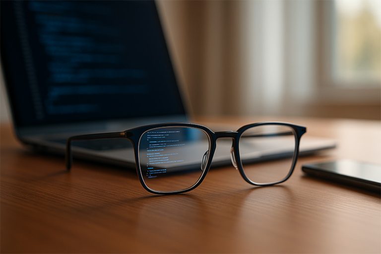 แว่นสายตาวางบนโต๊ะไม้ มองเห็นจอคอมชัดขึ้นผ่านเลนส์