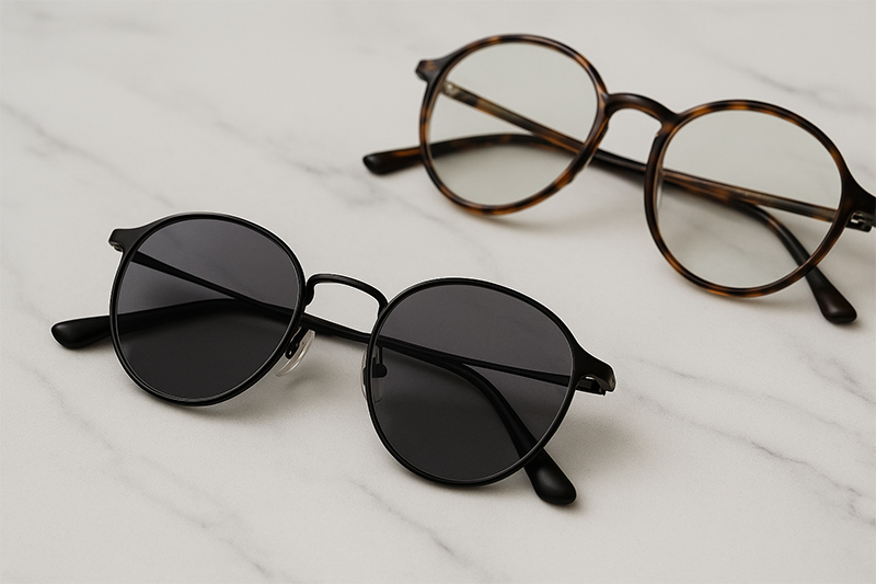 แว่นตาเลนส์ออโต้สองคู่บนพื้นหินอ่อน