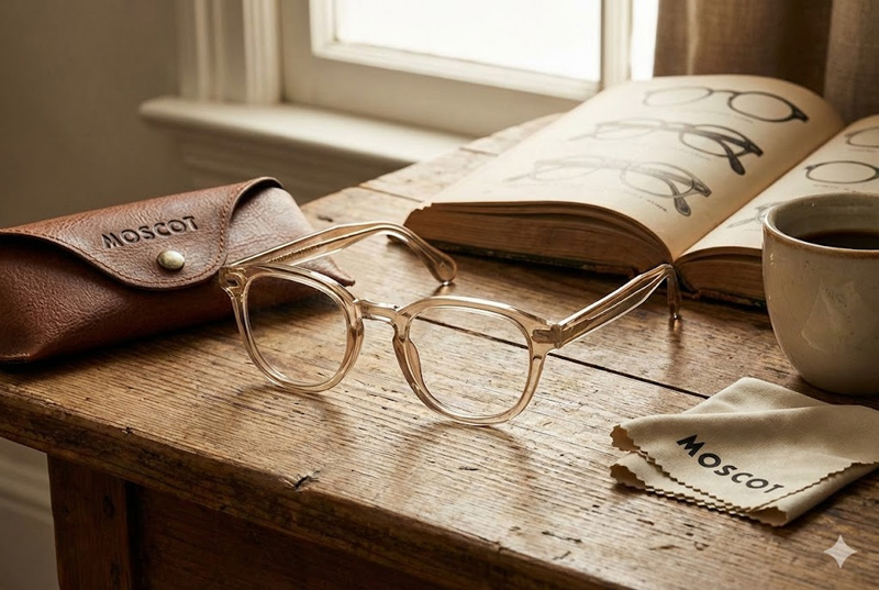 แว่น Moscot Lemtosh สี Flesh บนโต๊ะไม้สไตล์วินเทจ