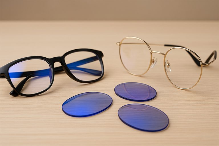 เลนส์กรองแสงสีฟ้าแบบราคาถูกและเลนส์แบรนด์เนมวางเปรียบเทียบบนโต๊ะไม้